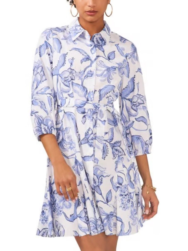 Msk 3/4 Sleeve Blue White Floral Cotton Shirtdress